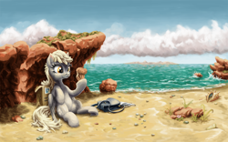 Size: 1920x1200 | Tagged: safe, artist:da-exile, character:derpy hooves, species:pegasus, species:pony, g4, :t, beach, eating, female, food, hoof hold, island, mare, muffin, ocean, puffy cheeks, raised hoof, saddle bag, shell, sitting, smiling, solo, that pony sure does love muffins, underhoof, wallpaper