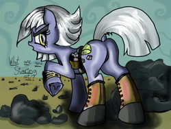Size: 1980x1485 | Tagged: safe, artist:tuxedostallion, character:limestone pie, species:earth pony, species:pony, angry, butt, dialogue, dock, female, frown, hoof boots, looking at you, looking back, looking back at you, one hoof raised, plot, raised hoof, rock, solo, underhoof