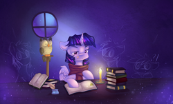 Size: 2968x1796 | Tagged: safe, artist:snowsky-s, character:owlowiscious, character:twilight sparkle, character:twilight sparkle (alicorn), species:alicorn, species:pony, book, candle, candlelight, cheek fluff, clothing, female, mare, scarf, studying, tongue out
