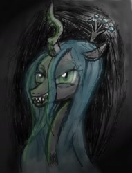 Size: 1093x1428 | Tagged: safe, artist:wafflecannon, character:queen chrysalis, species:changeling, abstract background, bust, changeling queen, female, grin, portrait, smiling, solo