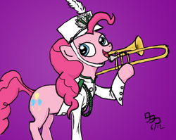 Size: 1112x887 | Tagged: safe, artist:wafflecannon, character:pinkie pie, species:earth pony, species:pony, clothing, female, marching band, mare, simple background, solo, trombone