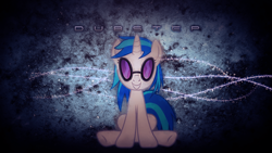 Size: 1920x1080 | Tagged: safe, artist:sandwichhorsearchive, character:dj pon-3, character:vinyl scratch, species:pony, species:unicorn, female, grin, grunge, looking at you, sitting, smiling, solo, sunglasses, text, wallpaper