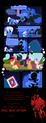 Size: 912x2430 | Tagged: safe, artist:dotrook, character:apple bloom, character:nightmare moon, character:princess luna, character:scootaloo, character:sweetie belle, oc, oc:nyx, oc:spell nexus, fanfic:past sins, armor, book, cape, clothing, cmc cape, comic, crying, cutie mark crusaders, hairband, headband, hellboy, kazoo, language, memories, musical instrument, night stone castle, nightmare nyx, no cutie marks yet, two sides, vest