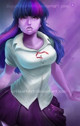 Size: 800x1265 | Tagged: safe, artist:sugarheartart, character:twilight sparkle, my little pony:equestria girls, breasts, clothing, female, lips, looking at you, looking up, open mouth, pleated skirt, shirt, skirt, solo, watermark
