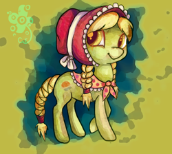 Size: 684x614 | Tagged: safe, artist:caramelflower, character:granny smith, species:earth pony, species:pony, abstract background, adorasmith, bonnet, braid, braided tail, cute, female, filly, solo, young