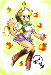 Size: 1280x1888 | Tagged: safe, artist:onat, part of a set, character:applejack, species:anthro, species:plantigrade anthro, my little pony:equestria girls, apple, big breasts, boots, breasts, busty applejack, clothing, cowboy hat, denim skirt, equestria girls outfit, female, food, hat, mixed media, pinup, shoes, skirt, solo, stetson, traditional art, watercolor painting