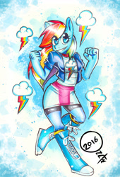 Size: 1280x1885 | Tagged: safe, artist:onat, part of a set, character:rainbow dash, species:anthro, species:plantigrade anthro, my little pony:equestria girls, boots, clothing, compression shorts, equestria girls outfit, female, mixed media, pinup, shoes, shorts, skirt, socks, solo, traditional art, watercolor painting, wrong eye color