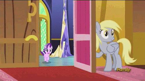 Size: 500x281 | Tagged: safe, artist:x-saltedfish, edit, edited screencap, screencap, character:derpy hooves, character:starlight glimmer, species:pegasus, species:pony, episode:no second prances, episode:slice of life, g4, my little pony: friendship is magic, animated, derpy doing derpy things, derpy's door, discovery family, discovery family logo, door, female, gif party, jontron thread, lock, mare, meme, open mouth, smiling