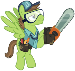 Size: 10000x9400 | Tagged: safe, artist:mpnoir, character:douglas spruce, character:evergreen, episode:princess spike, g4, my little pony: friendship is magic, .svg available, absurd resolution, adobe illustrator, cap, chainsaw, clothing, full body, goggles, hat, male, simple background, smiling, solo, toolbelt, transparent background, vector