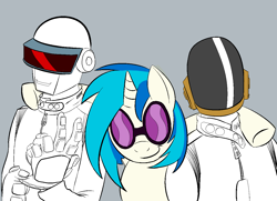 Size: 1240x900 | Tagged: safe, artist:butts-mcpoop, artist:kidkaizer, character:dj pon-3, character:vinyl scratch, species:pony, species:unicorn, crossover, daft punk, gray background, partial color, simple background