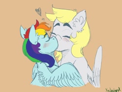 Size: 1600x1200 | Tagged: safe, artist:lxxjunebugxxl, character:derpy hooves, character:rainbow dash, species:pegasus, species:pony, ship:derpydash, blushing, eyes closed, female, heart, kissing, lesbian, mare, shipping