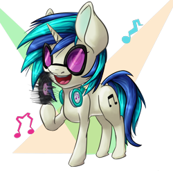 Size: 2003x1974 | Tagged: safe, artist:itresad, character:dj pon-3, character:vinyl scratch, species:pony, species:unicorn, abstract background, background pony, cute, cutie mark, female, good trick, headphones, hooves, horn, mare, music notes, open mouth, raised hoof, record, simple background, solo, spinning, sunglasses, transparent background