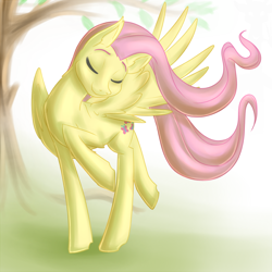 Size: 900x900 | Tagged: safe, artist:countaile, character:fluttershy, eyes closed, female, prancing, smiling, solo, tree, windswept mane