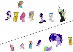 Size: 2020x1424 | Tagged: safe, artist:everyponys favorite, character:applejack, character:fluttershy, character:pinkie pie, character:queen chrysalis, character:rainbow dash, character:rarity, character:spike, character:twilight sparkle, character:twilight sparkle (alicorn), oc, species:alicorn, species:pony, 3d, death, female, mane six, mare, ponified spike