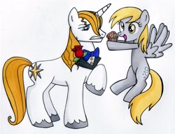 Size: 2271x1732 | Tagged: safe, artist:thedarklordkeisha, character:derpy hooves, character:prince blueblood, species:pegasus, species:pony, species:unicorn, derpblood, female, food, male, mare, muffin, prince blueblood gets all the mares, shipping, straight