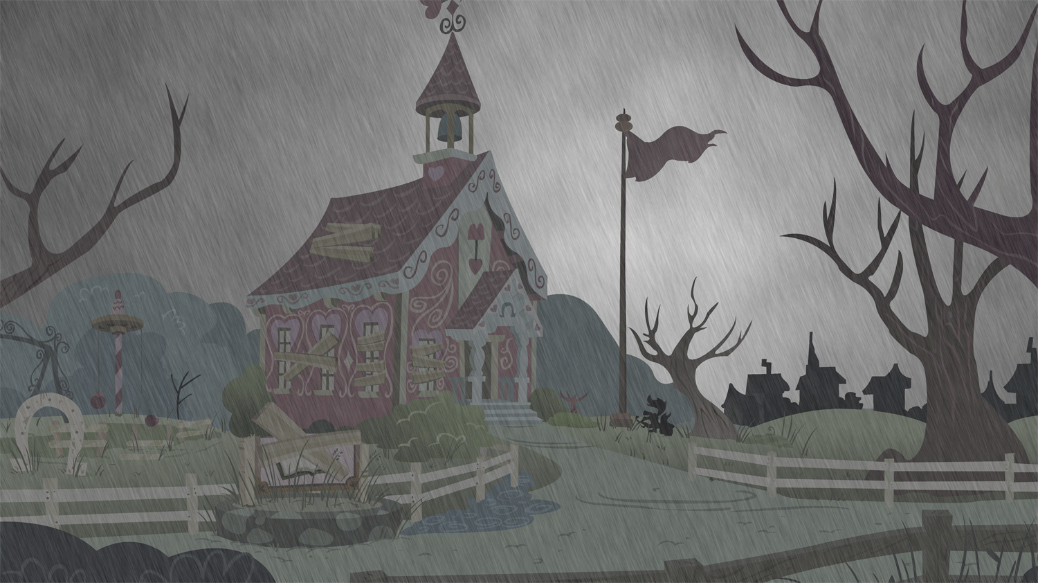 Size: 1500x842 | Tagged: safe, artist:zehfox, edit, edited screencap, screencap, episode:crusaders of the lost mark, g4, my little pony: friendship is magic, abandoned, animated, dead tree, fence, flag, no pony, overcast, ponyville schoolhouse, rain, school, tree, wallpaper