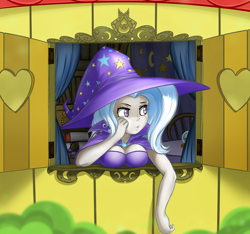 Size: 2520x2361 | Tagged: safe, artist:malifikyse, character:trixie, species:human, breasts, busty trixie, cape, clothing, female, hat, heart, humanized, solo, trixie's cape, trixie's hat, trixie's wagon, window
