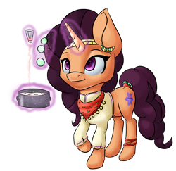Size: 2712x2641 | Tagged: safe, artist:itresad, character:saffron masala, episode:spice up your life, g4, my little pony: friendship is magic, bandana, chef, clothing, egg (food), female, food, indian, magic, pot, raised hoof, salt, simple background, solo, soup, transparent background