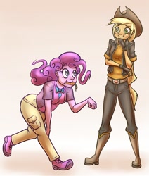 Size: 824x970 | Tagged: safe, artist:countaile, character:applejack, character:pinkie pie, species:human, boots, bow tie, cargo pants, carrot, clothing, food, hat, humanized, pants, pony coloring, smiling
