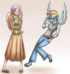 Size: 760x800 | Tagged: safe, artist:countaile, character:fluttershy, character:rainbow dash, species:human, blushing, boots, clothing, duo, duo female, female, humanized, jeans, long skirt, one eye closed, pants, pony coloring, sandals, shirt, skirt, smiling, sunglasses, sweater, sweatershy, winged humanization, wink