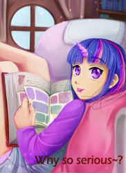 Size: 2125x2917 | Tagged: safe, artist:melisaongmiqin, character:twilight sparkle, species:human, book, clothing, comic book, cute, female, frilly underwear, horned humanization, humanized, looking at you, panties, pink underwear, silly, solo, starry underwear, the dark knight, tongue out, underwear, why so serious?