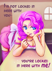 Size: 2550x3501 | Tagged: safe, artist:melisaongmiqin, character:pinkie pie, species:human, apron, breasts, cleavage, clothing, dialogue, female, humanized, key, looking at you, nail polish, solo, teasing, watchmen
