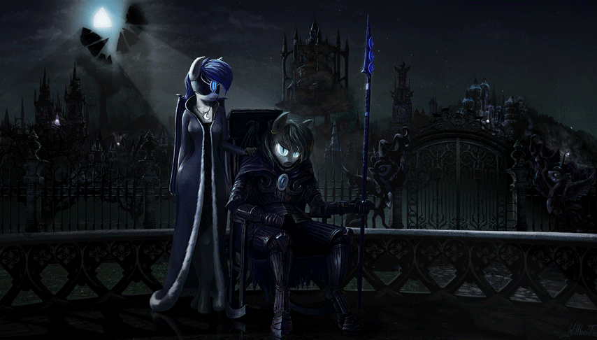 Size: 854x486 | Tagged: safe, artist:willhemtier, character:princess luna, oc, oc:silver specter, oc:the moonlight songtress, species:anthro, species:bat pony, species:pony, species:unguligrade anthro, animated, armor, balcony, blindfold, castle, chair, city, cloak, clothing, dress, duo, ear piercing, earring, female, fence, floating, gate, glowing eyes, hand on shoulder, jewelry, looking at you, male, mare, moon, moonlight, necklace, night guard, piercing, priestess, scenery, scenery porn, sitting, spear, stallion, statue, weapon, youtube link