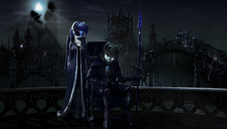 Size: 2848x1620 | Tagged: safe, artist:willhemtier, character:princess luna, oc, oc:silver specter, oc:the moonlight songtress, species:anthro, species:bat pony, species:pony, species:unguligrade anthro, armor, balcony, blindfold, castle, chair, city, cloak, clothing, dress, duo, ear piercing, earring, female, fence, floating, gate, glowing eyes, hand on shoulder, jewelry, looking at you, male, mare, moon, moonlight, necklace, night guard, piercing, priestess, scenery, scenery porn, sitting, spear, stallion, statue, weapon, youtube link