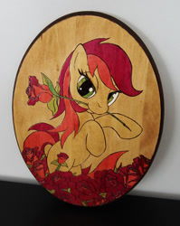 Size: 900x1132 | Tagged: safe, artist:cyle, character:roseluck, species:pony, craft, female, flower, flower in mouth, mare, mouth hold, pyrography, rearing, rose, solo, traditional art, woodwork