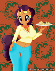 Size: 1069x1393 | Tagged: safe, artist:aj0joe, character:saffron masala, species:anthro, episode:spice up your life, g4, my little pony: friendship is magic, belly button, big breasts, breasts, busty saffron masala, cleavage, female, food, midriff, samosa, sauce, solo, thigh gap