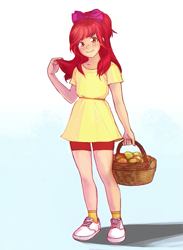 Size: 733x1000 | Tagged: safe, artist:yanabau, character:apple bloom, species:human, apple, basket, bow, clothing, compression shorts, dress, female, food, freckles, hair bow, humanized, looking at you, red hair, shoes, sneakers, solo