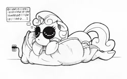 Size: 1000x629 | Tagged: safe, artist:blue-von, character:sweetie belle, species:pony, species:unicorn, sweetie bot, binary, black and white, charging, color me, dream, eyes closed, female, filly, floppy ears, foal, futurama, grayscale, hooves, horn, lying down, monochrome, robot, robot pony, sleeping, solo