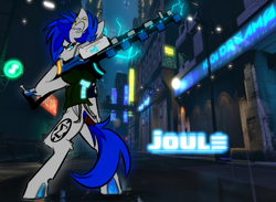 Size: 2866x2099 | Tagged: safe, artist:lining1306, artist:ralek, edit, oc, oc only, oc:sapphire sights, species:pegasus, species:pony, apocalypse, city, clothing, color edit, colored, cyborg, ear piercing, futuristic, joule, looking at you, piercing, weapon