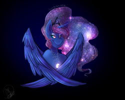 Size: 1280x1024 | Tagged: safe, artist:trishabeakens, character:princess luna, species:anthro, bust, colored pupils, female, folded wings, galaxy mane, jewelry, looking at you, necklace, smiling, solo
