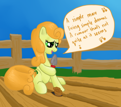 Size: 1722x1527 | Tagged: safe, artist:runbowdash, character:carrot top, character:golden harvest, species:earth pony, species:pony, background pony, beyond her garden, dialogue, female, garden, mare, music notes, song reference, speech bubble