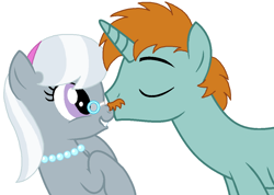 Size: 1106x786 | Tagged: safe, artist:iceagelover, character:silver spoon, character:snips, species:earth pony, species:pony, species:unicorn, ship:silversnips, duo, female, male, mare, moustache, nose kiss, older, older silver spoon, older snips, pince-nez, shipping, simple background, stallion, white background