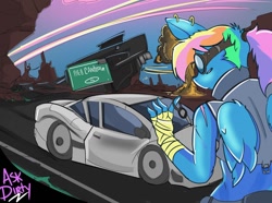 Size: 1280x953 | Tagged: safe, artist:dirtyscoundrel, character:rainbow dash, species:anthro, car, female, pinup, post-apocalyptic, solo
