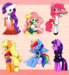 Size: 1300x1421 | Tagged: safe, artist:merionminor, character:angel bunny, character:applejack, character:fluttershy, character:pinkie pie, character:rainbow dash, character:rarity, character:twilight sparkle, species:anthro, chibi, mane six