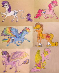 Size: 1800x2205 | Tagged: safe, artist:ambergerr, character:applejack, character:fluttershy, character:pinkie pie, character:rainbow dash, character:rarity, character:twilight sparkle, character:twilight sparkle (alicorn), species:alicorn, species:classical unicorn, species:earth pony, species:pegasus, species:pony, species:unicorn, cheek fluff, chest fluff, cloven hooves, colored wings, colored wingtips, ear fluff, eyes closed, female, fluffy, grin, hoof fluff, jumping, leg fluff, leonine tail, lidded eyes, looking at you, looking back, looking up, mane six, mare, multicolored wings, rainbow wings, raised hoof, raised leg, running, shoulder fluff, sitting, smiling, spread wings, tail fluff, traditional art, unshorn fetlocks, wing fluff, wings