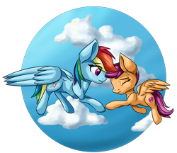 Size: 4336x3744 | Tagged: safe, artist:itresad, character:rainbow dash, character:scootaloo, cloud, cutie mark, flying, flying lesson, scootaloo can fly, scootalove, simple background, the cmc's cutie marks, transparent background