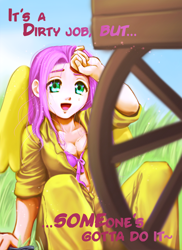Size: 2550x3501 | Tagged: safe, artist:melisaongmiqin, character:fluttershy, species:human, bra, breasts, cleavage, clothing, faith no more, female, frilly underwear, humanized, open clothes, overalls, pink underwear, ribbon, solo, underwear, zipper