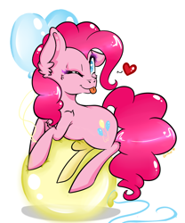 Size: 900x1080 | Tagged: safe, artist:amberony, character:pinkie pie, species:earth pony, species:pony, ;p, balloon, balloon sitting, cute, diapinkes, ear fluff, female, floating heart, floppy ears, heart, looking at you, makeup, mare, one eye closed, solo, tongue out, wingding eyes, wink