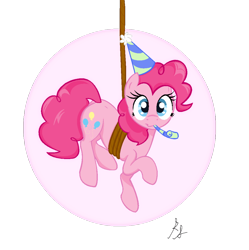 Size: 1024x1030 | Tagged: safe, artist:xxthatsmytypexx, character:pinkie pie, clothing, female, hat, party hat, party horn, rope, solo, suspended
