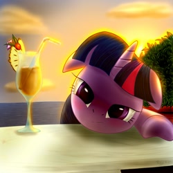 Size: 1000x1000 | Tagged: safe, artist:rayhiros, character:twilight sparkle, species:pony, species:unicorn, alcohol, backlighting, cocktail, cute, drunk, drunk twilight, female, floppy ears, lidded eyes, looking at you, mare, solo, sunset, twiabetes