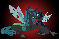 Size: 2274x1500 | Tagged: safe, artist:ambergerr, character:queen chrysalis, species:changeling, armor, changeling guard, changeling officer, female, helmet, male, nuzzling, shipping, smiling, straight