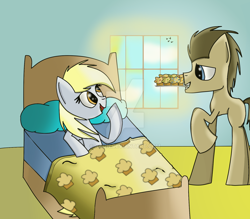 Size: 1024x896 | Tagged: safe, artist:rai2n, character:derpy hooves, character:doctor whooves, character:time turner, species:pegasus, species:pony, ship:doctorderpy, bed, bedsheets, breakfast, breakfast in bed, cute, female, food, male, mare, mouth hold, muffin, shipping, straight, tray