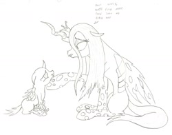 Size: 1628x1278 | Tagged: safe, artist:the-laughing-horror, character:queen chrysalis, species:changeling, comic, cute, cutealis, cuteling, dialogue, eye contact, female, hnnng, hungry, looking at each other, mommy chrissy, monochrome, mother and child, nymph, sad, simple background, white background
