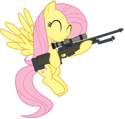 Size: 1260x1200 | Tagged: safe, artist:filipinoninja95, character:fluttershy, species:pegasus, species:pony, arctic warfare, cutie mark, eyes closed, female, flying, gun, hooves, mare, optical sight, rifle, simple background, smiling, sniper, sniper rifle, snipershy, solo, spread wings, transparent background, vector, weapon, wings
