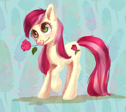 Size: 1500x1336 | Tagged: safe, artist:lis-alis, character:roseluck, species:earth pony, species:pony, abstract background, cute, female, flower, flower in mouth, fluffy, mare, mouth hold, rose, solo
