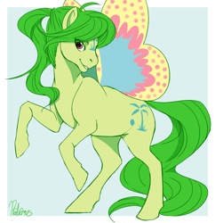 Size: 982x1014 | Tagged: safe, artist:bekuno, g1, butterfly wings, cool breeze, female, ponytail, rearing, solo, windy wing ponies, winger pony